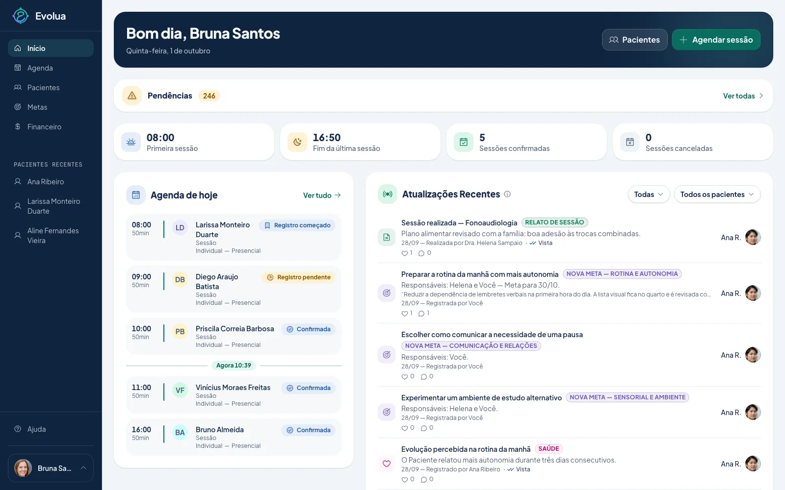 Tela de início do Evolua com a agenda do dia e as atualizações recentes de cada paciente
